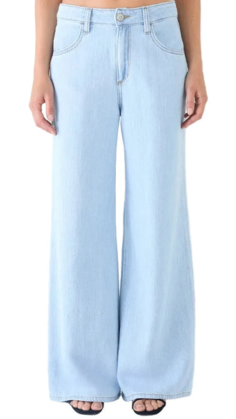 Light blue wide-leg jeans worn by a person on a white background