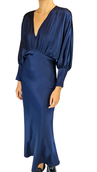    
 Make a dramatic statement in the silk95five Navy Silk Stretch Maxi Dress. Plunging V-neck, batwing sleeves, and a contoured fit for evening glamour.   
silk95five navy dress, navy silk maxi dress, luxury stretch silk evening gown, designer dolman sleeve dress, silk elastane long gown