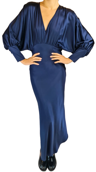 silk95five Navy Silk Stretch Maxi Dress | Luxury Evening Gown   
 Make a dramatic statement in the silk95five Navy Silk Stretch Maxi Dress. Plunging V-neck, batwing sleeves, and a contoured fit for evening glamour.   
 silk95five navy dress, navy silk maxi dress, luxury stretch silk evening gown, designer dolman sleeve dress, silk elastane long gown