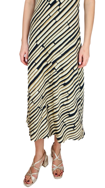 Woman wearing a striped dress on a white background