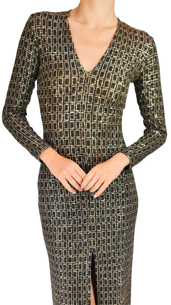 Make an unforgettable entrance in the Siyu Brown Gold Sequined Maxi Dress. Featuring a metallic geometric grid pattern, sleek long sleeves, a plunging V-neckline, and a daring front slit perfect for galas and black-tie affairs.