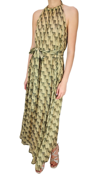 Woman wearing a long green patterned dress on a white background