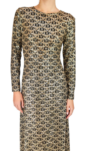 Shine at your next formal event in the Siyu Handel Sequined Maxi Dress, featuring an art-deco gold pattern, long sleeves, and an elegant floor-length silhouette.  Siyu Handel dress, sequin geometric maxi dress, gold and black evening gown, designer long sleeve sequin dress, luxury formal maxi dress.