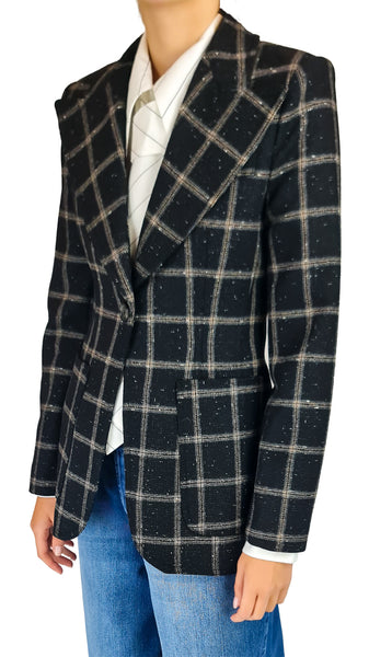 Smythe Birkin patch pocket blazer, luxury windowpane check blazer, Smythe designer jacket, women's tailored grid check blazer, black wool-blend blazer
70s style peak lapel blazer, luxury patch pocket blazer, waist-defining designer suit jacket, high-end power tailoring, premium windowpane suit jacket