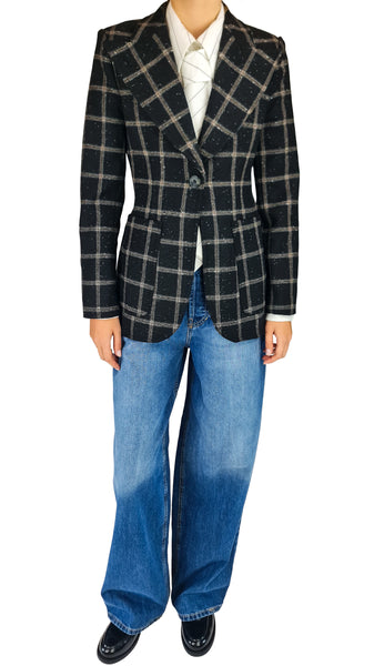 Smythe Birkin patch pocket blazer, luxury windowpane check blazer, Smythe designer jacket, women's tailored grid check blazer, black wool-blend blazer
 70s style peak lapel blazer, luxury patch pocket blazer, waist-defining designer suit jacket, high-end power tailoring, premium windowpane suit jacket