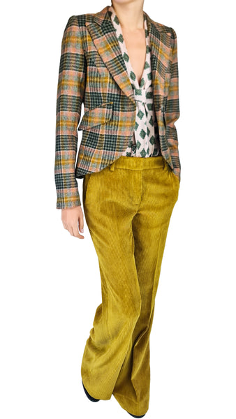 Smythe one-button blazer, luxury plaid wool blazer, Smythe designer jacket, women's tailored plaid suit jacket, high-end check blazer
fitted peak lapel blazer, luxury equestrian style jacket, designer wool plaid blazer, autumn power tailoring, premium single-button blazer