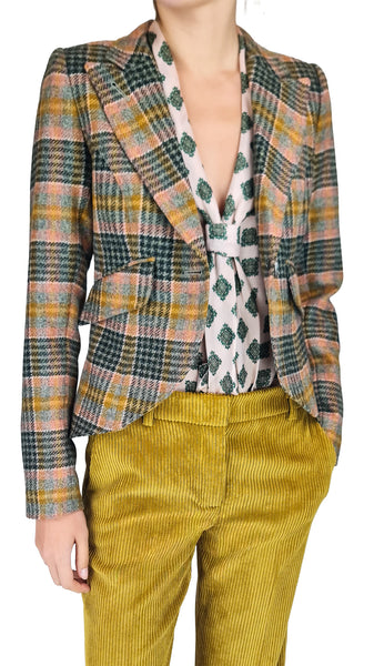 Smythe one-button blazer, luxury plaid wool blazer, Smythe designer jacket, women's tailored plaid suit jacket, high-end check blazer
fitted peak lapel blazer, luxury equestrian style jacket, designer wool plaid blazer, autumn power tailoring, premium single-button blazer