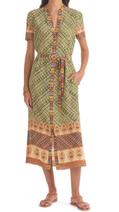 A stylish addition to your wardrobe, this dress has a fit-and-flare skirt that flounces as you walk. Fern green and burgundy mosaic tiles are adorned with floral jewelled borders. Crafted from printed silk and featuring a tie waist it is a perfect choice for any occasion.  100% silk. Dry clean.