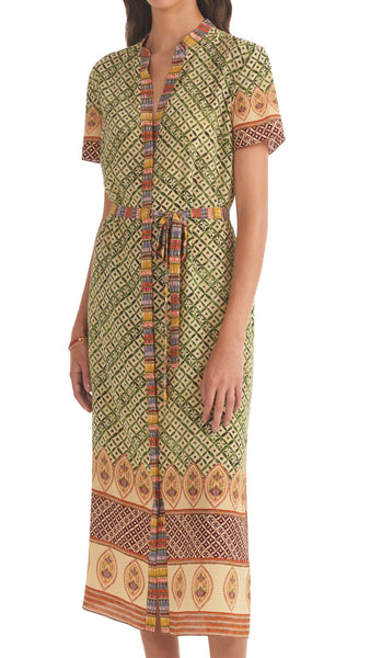 A stylish addition to your wardrobe, this dress has a fit-and-flare skirt that flounces as you walk. Fern green and burgundy mosaic tiles are adorned with floral jewelled borders. Crafted from printed silk and featuring a tie waist it is a perfect choice for any occasion.  100% silk. Dry clean.