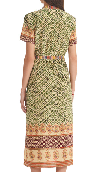 A stylish addition to your wardrobe, this dress has a fit-and-flare skirt that flounces as you walk. Fern green and burgundy mosaic tiles are adorned with floral jewelled borders. Crafted from printed silk and featuring a tie waist it is a perfect choice for any occasion.  100% silk. Dry clean.