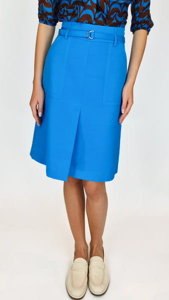 This stunning pencil skirt features a beautiful bright blue hue, a flattering slit on the front, and a chic belt to accentuate your figure. Perfect for a touch of elegance and cool in any occasion.