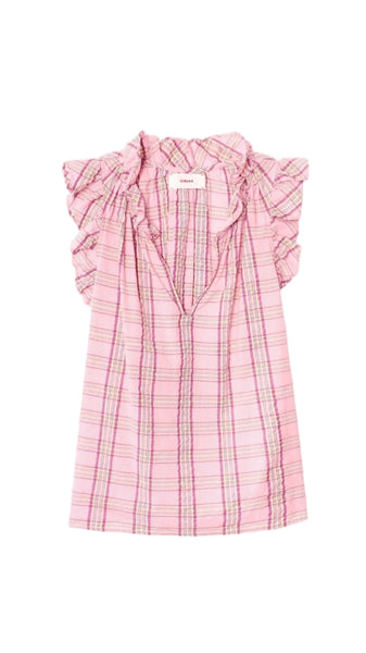 Pink checkered dress with ruffled sleeves on a white background